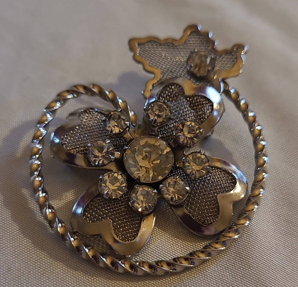Silver Tone Flower Brooch Pin, Champagne Round Rhinestones, Prong Set, 9 Stones